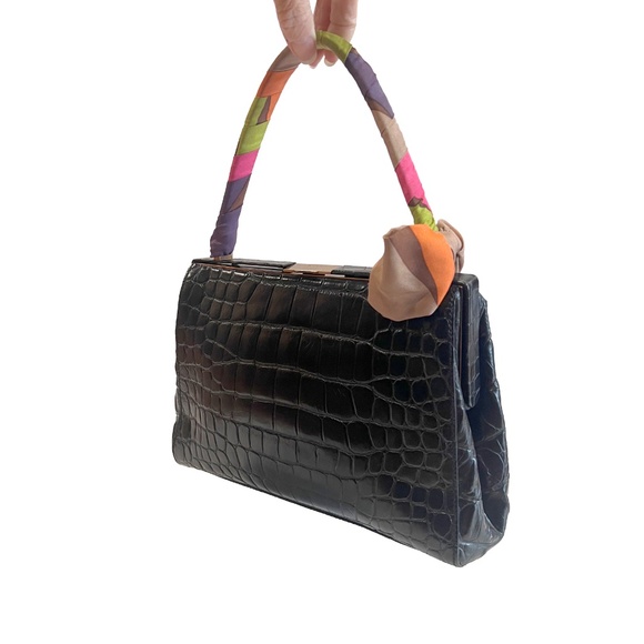 Miu Miu 90s Black Croc Embossed Leather Handbag with Scarf Handle Vintage Y2K - Picture 3 of 14